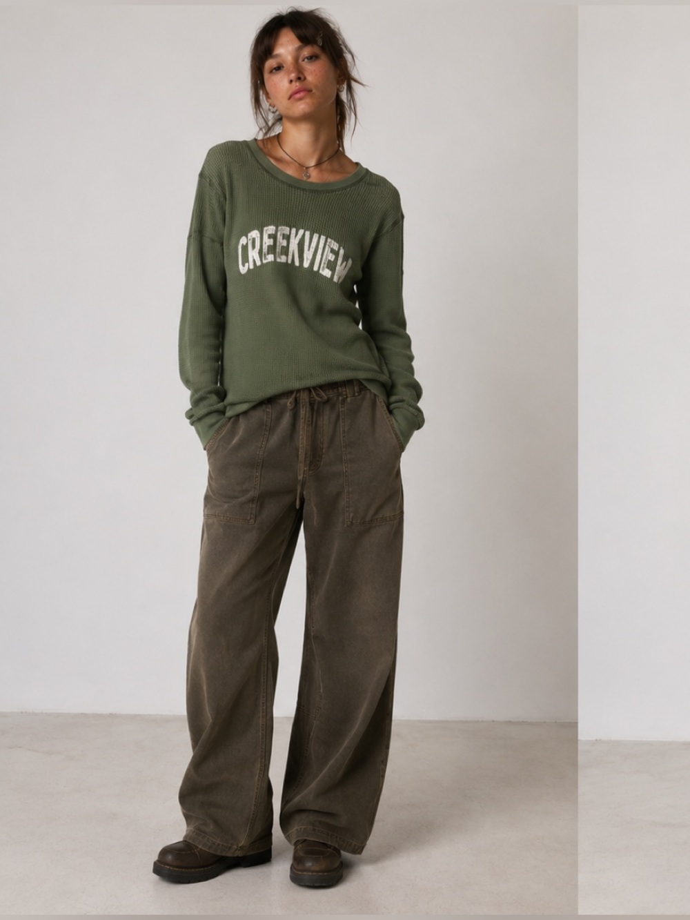 Pennant Y2K Green Waffle Knit Goblincore Grunge Sweater Creekview Text Small
